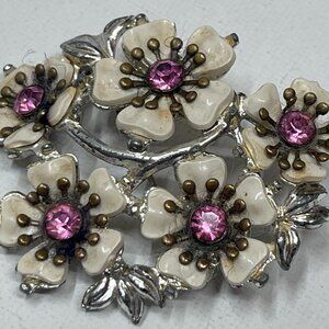 Vintage Floral Silver Brooch Cream Flowers with Pink Rhinestones